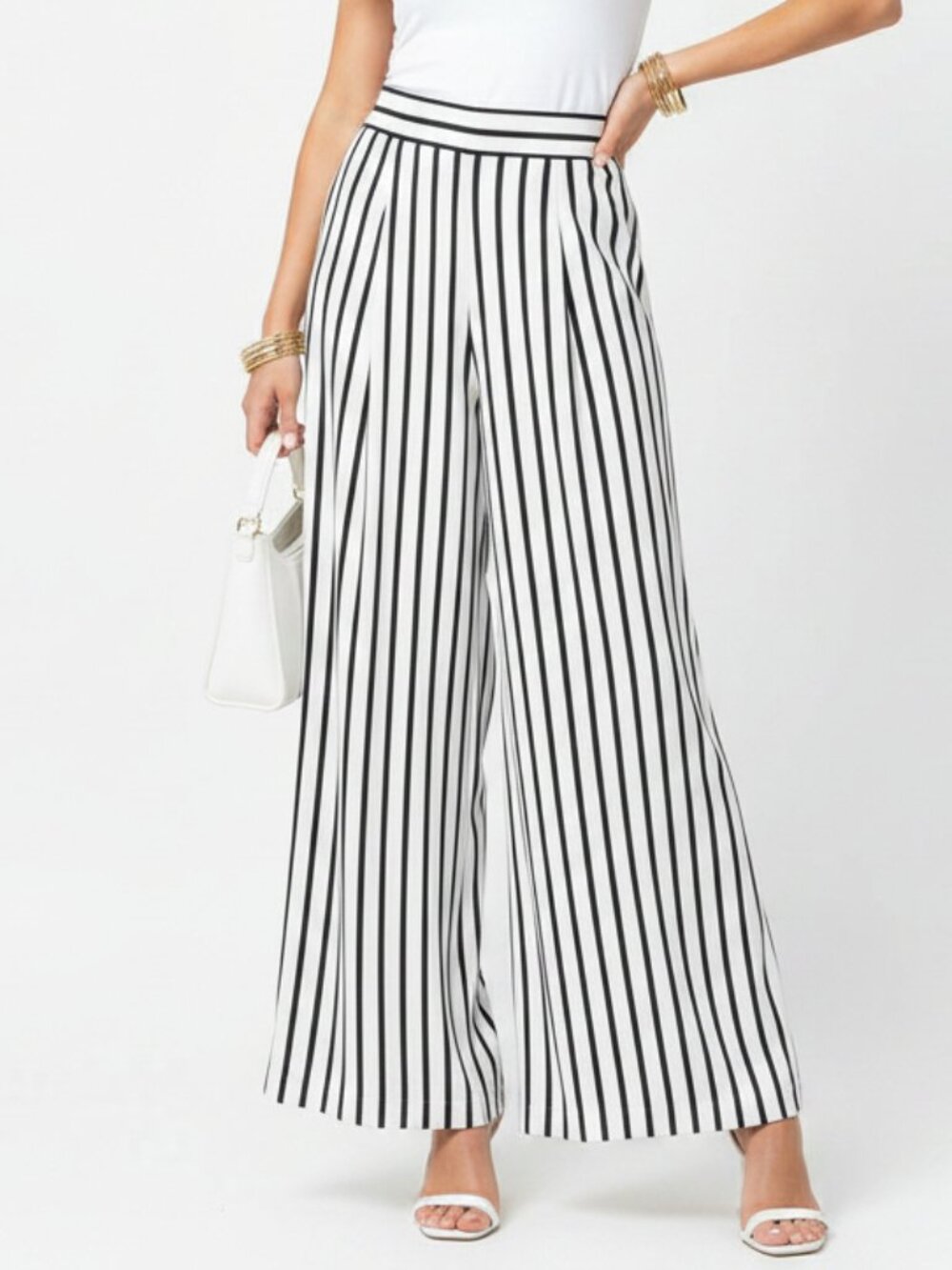 Lena Gabriella Black & White Striped Wide Leg High Waist Palazzo Pants 10